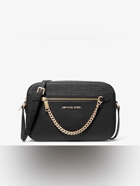 Michael Kors Black Saffiano Leather Crossbody with Gold Chain Detail NWT